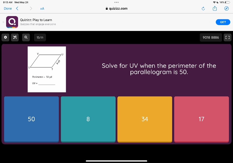 Solve for UV when the perimeter of the parallelogram is 50.